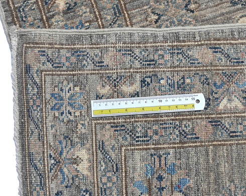 13 Ft Gray Kazak Afghan Hand Knotted Geometric Wool Runner Rug